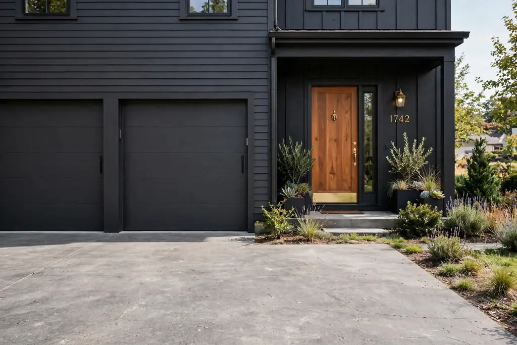 Dark house front with garage doors painted to match the siding.