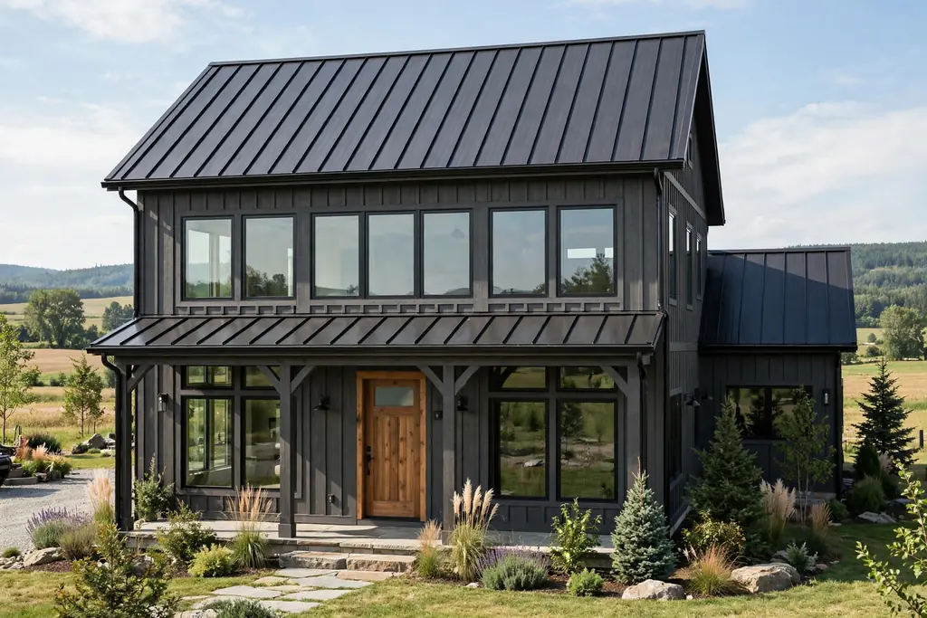 Dark grey house with a black standing-seam metal roof.