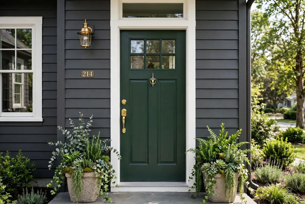 Dark grey house with a deep green front door and white trim.