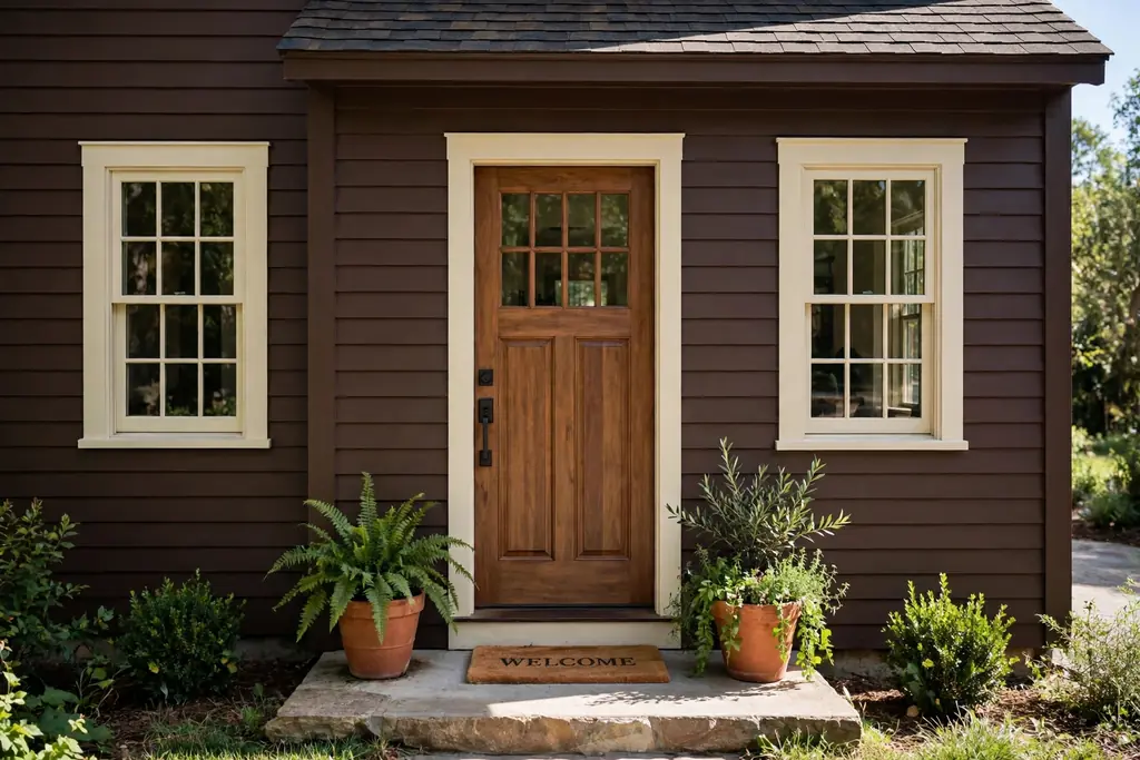 Espresso brown house with cream trim and terracotta pots at the entry.