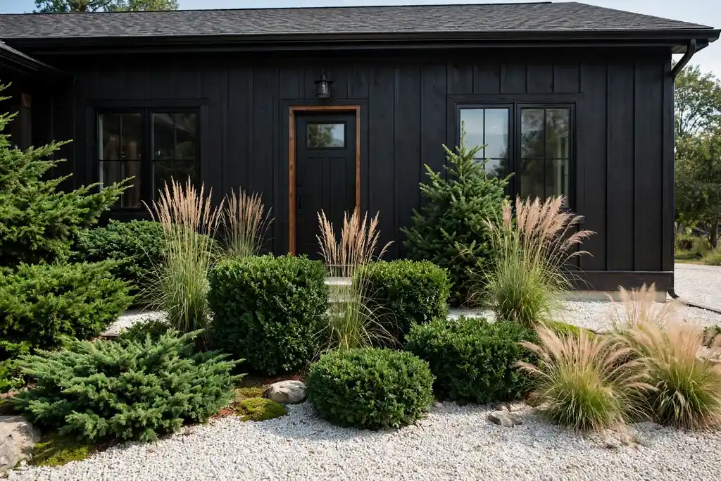 Dark house front with layered evergreen shrubs and pale gravel beds.