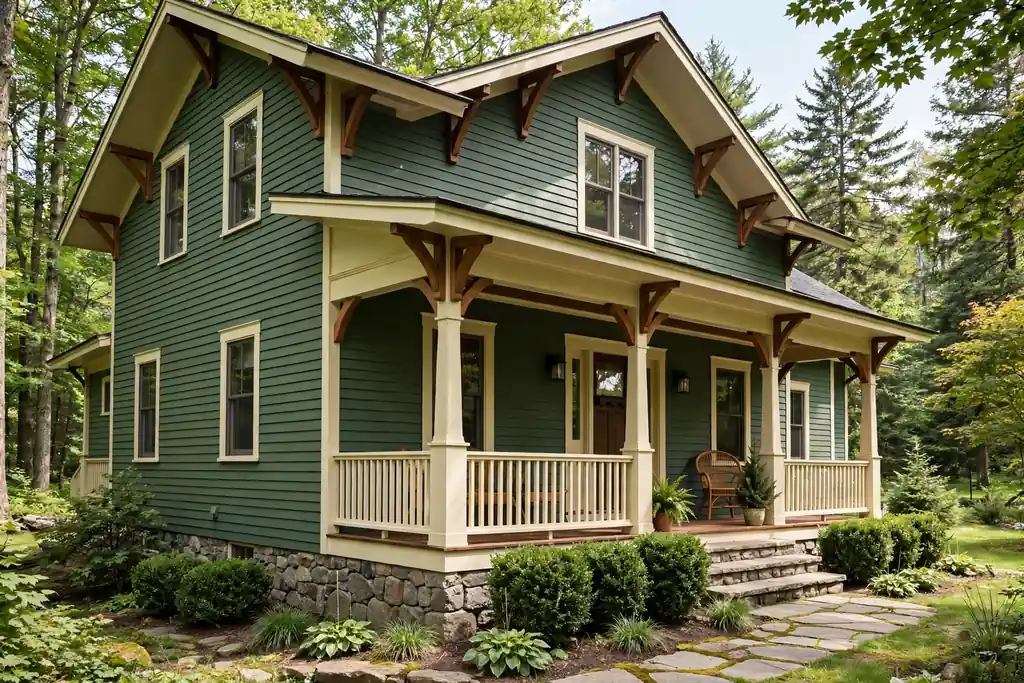 Forest green craftsman house with a stone foundation and cream trim.