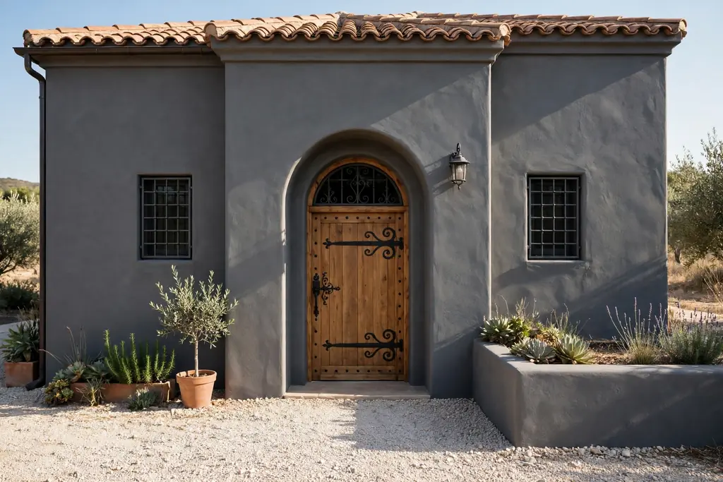 Graphite stucco house with an arched entry and terracotta roof tiles.