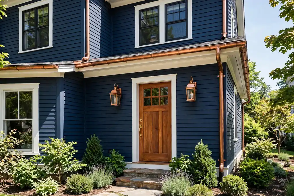 Midnight blue house with copper gutters and entry lanterns.