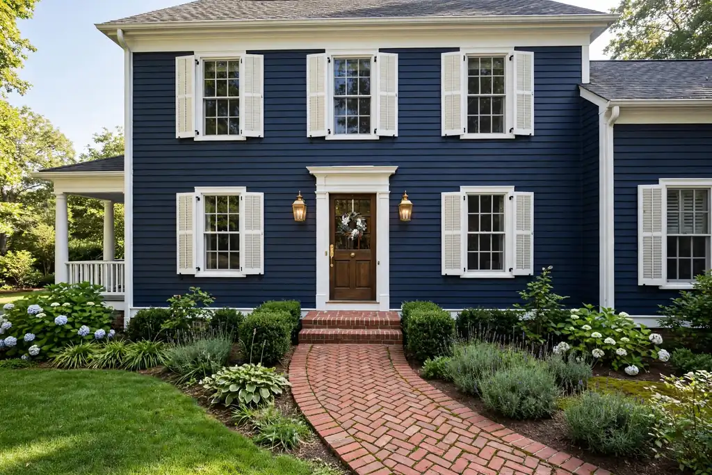 Deep navy colonial house with white shutters and brass lanterns.