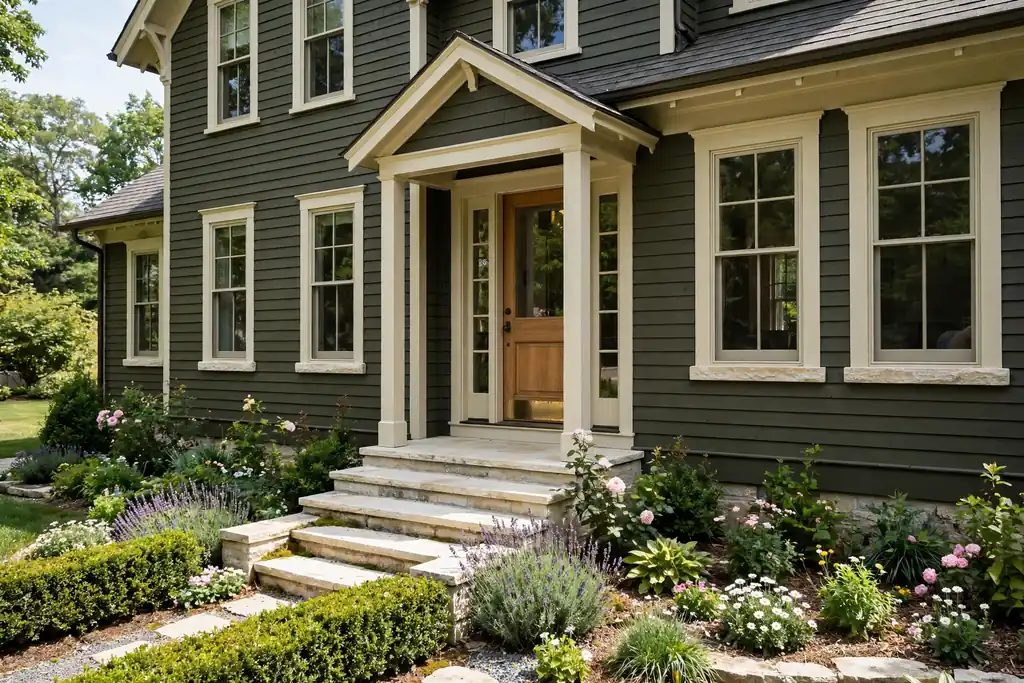 Dark olive house with pale limestone window sills and stone steps.