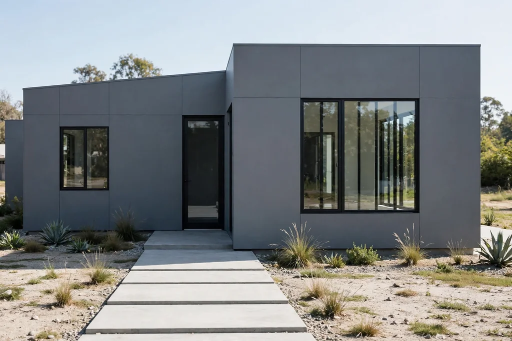 Minimalist slate grey house with black framed windows.