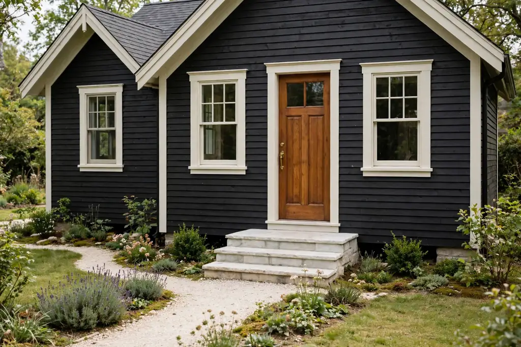 Small dark sided house with light gables and pale stone steps.