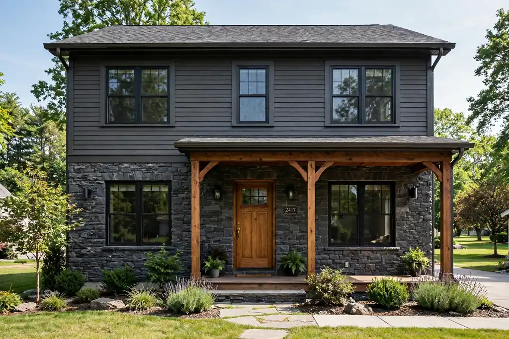 Two story house with dark stone veneer on the lower story.