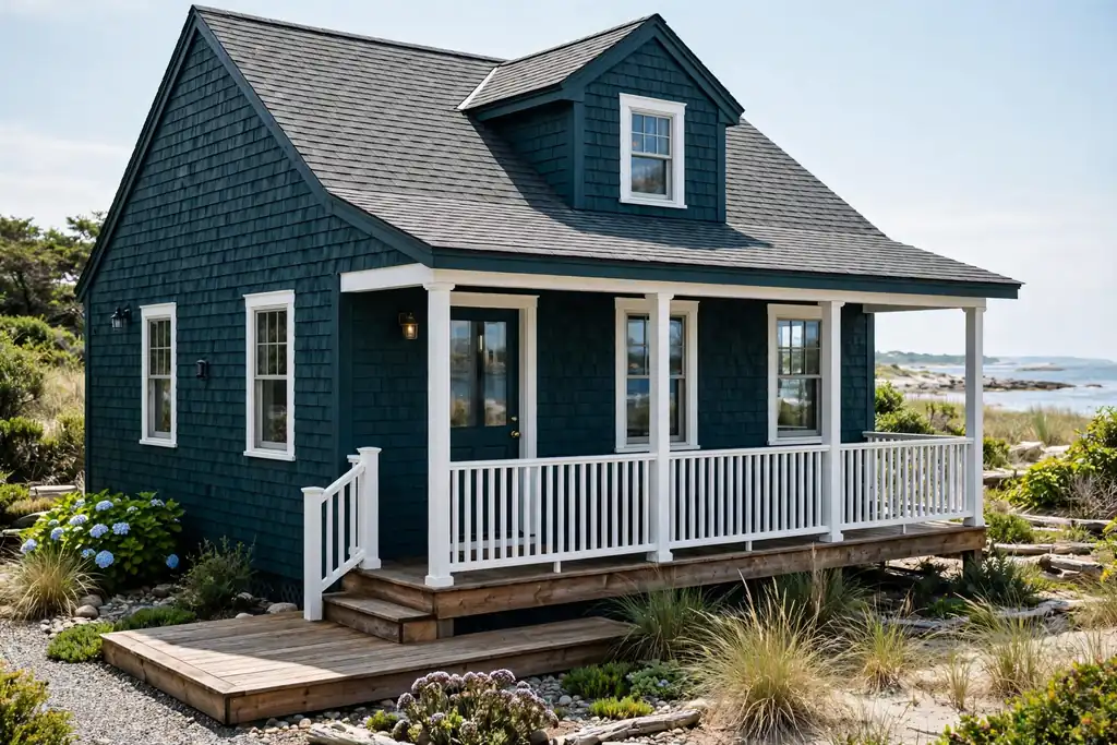 Dark teal coastal cottage with a white porch rail and white trim.