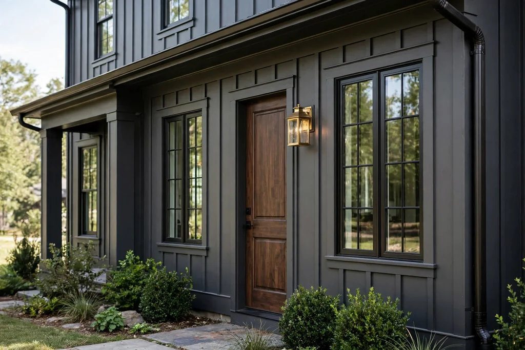 Dark grey house with near black window frames and trim.