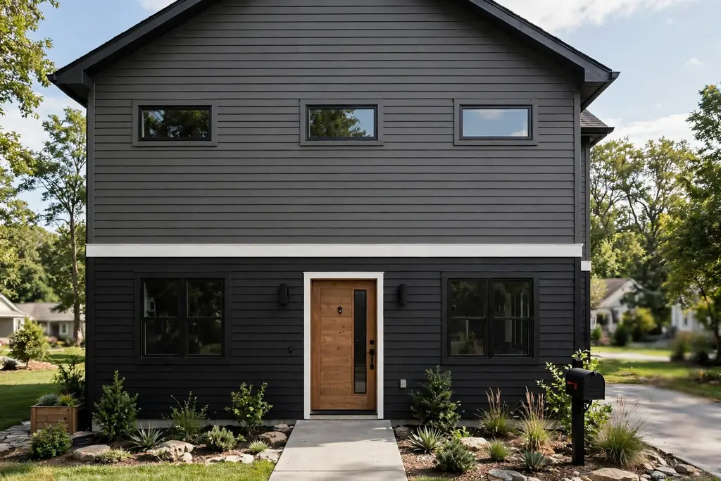 Two story house with charcoal siding above and black siding below.