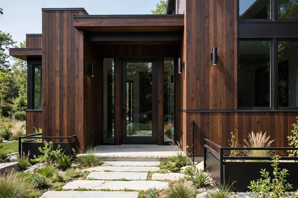 Contemporary house with dark walnut cladding and a glass entry door.