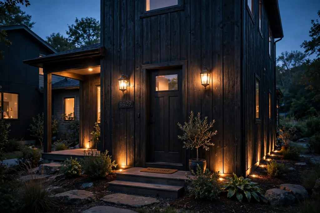 Dark house exterior at dusk with warm wall lanterns and uplights.