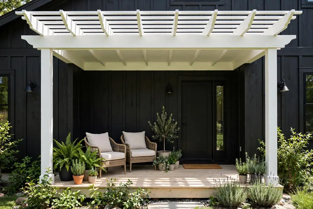 Dark walled house with a white pergola and pale porch ceiling.
