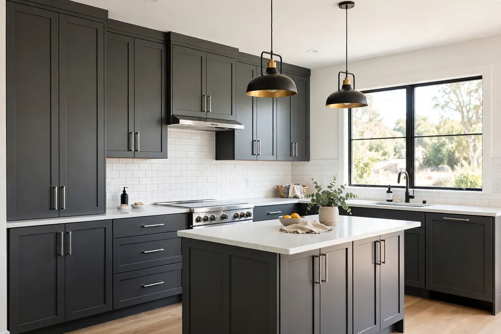 Matte dark grey shaker kitchen cabinets with simple bar pulls and pale counters.