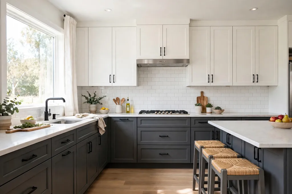 Kitchen with dark grey base cabinets, white upper cabinets and a light counter.