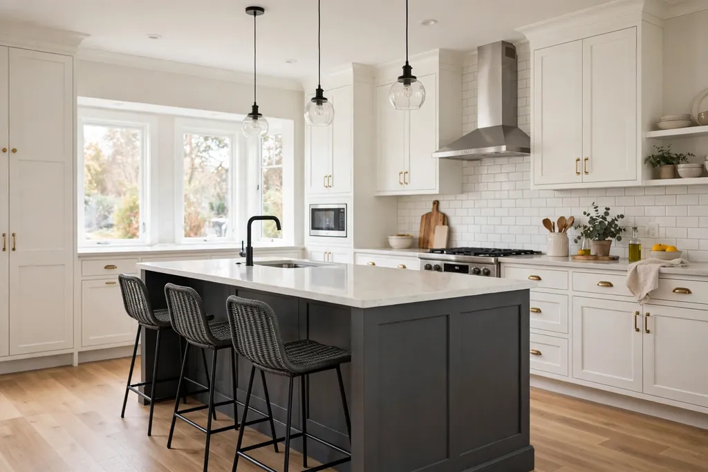 Dark grey kitchen island with a pale quartz counter in a light kitchen with white perimeter cabinets.
