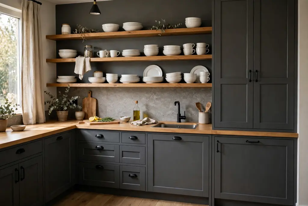 Dark grey kitchen cabinets with warm oak open shelves holding white dishes.