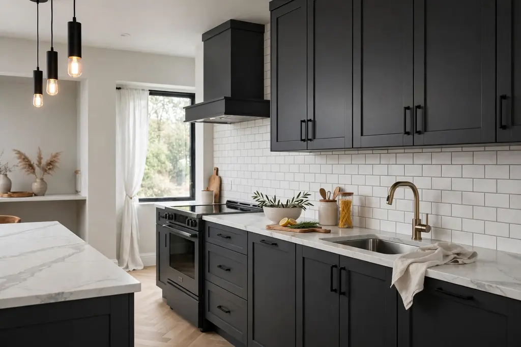 Dark grey kitchen cabinets with white marble counters with soft grey veining.