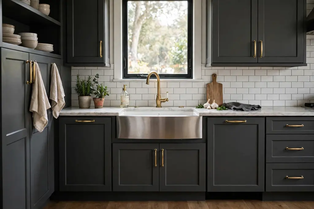 Dark grey kitchen cabinets with brushed brass handles and a brass faucet at the sink.