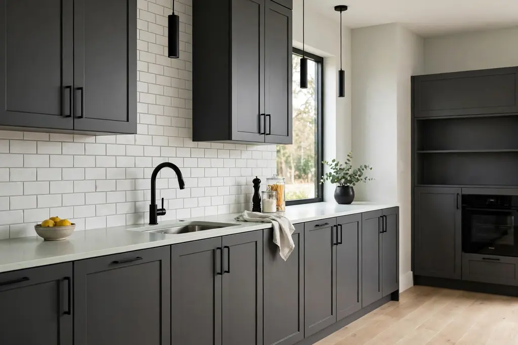 Dark grey kitchen cabinets with matte black handles and a black faucet and a pale counter.