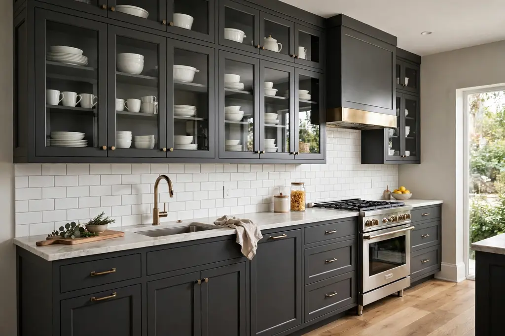 Dark grey kitchen with glass-front upper cabinets showing white dishes above dark grey base cabinets.
