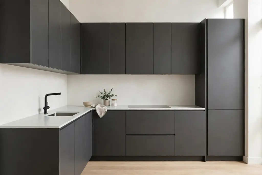 Modern flat-panel handleless dark grey kitchen cabinets with a pale worktop.