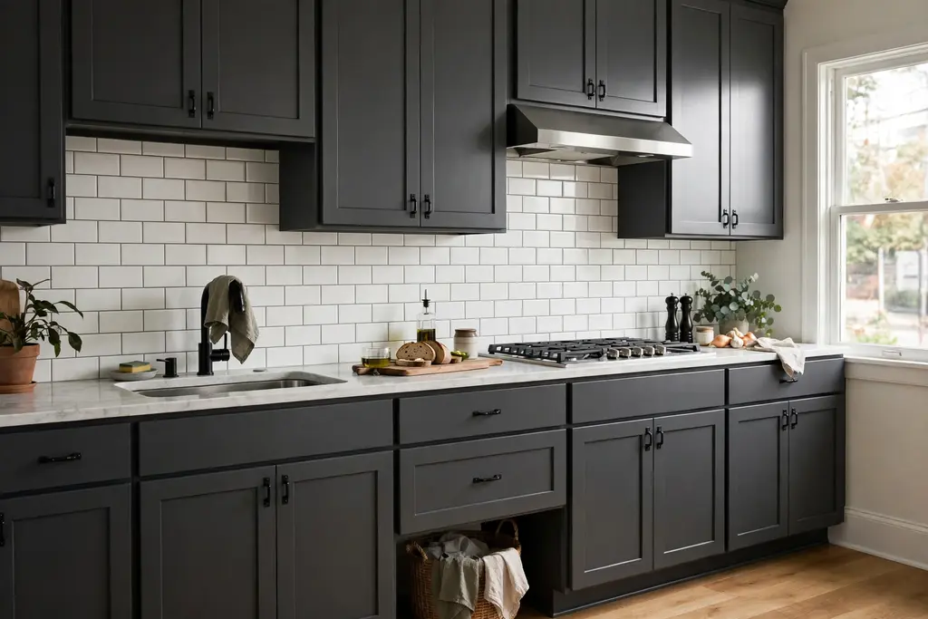 Dark grey kitchen cabinets with a white subway tile backsplash in a brick pattern.