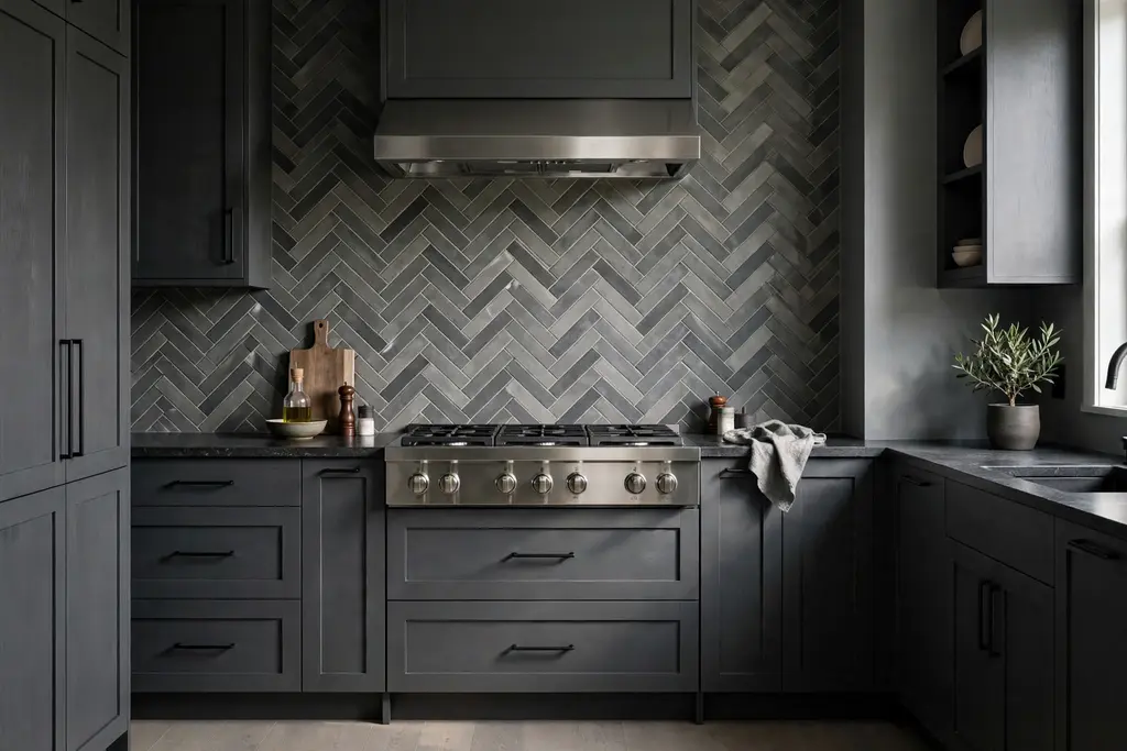 Dark grey kitchen with a herringbone grey tile backsplash behind the stove.