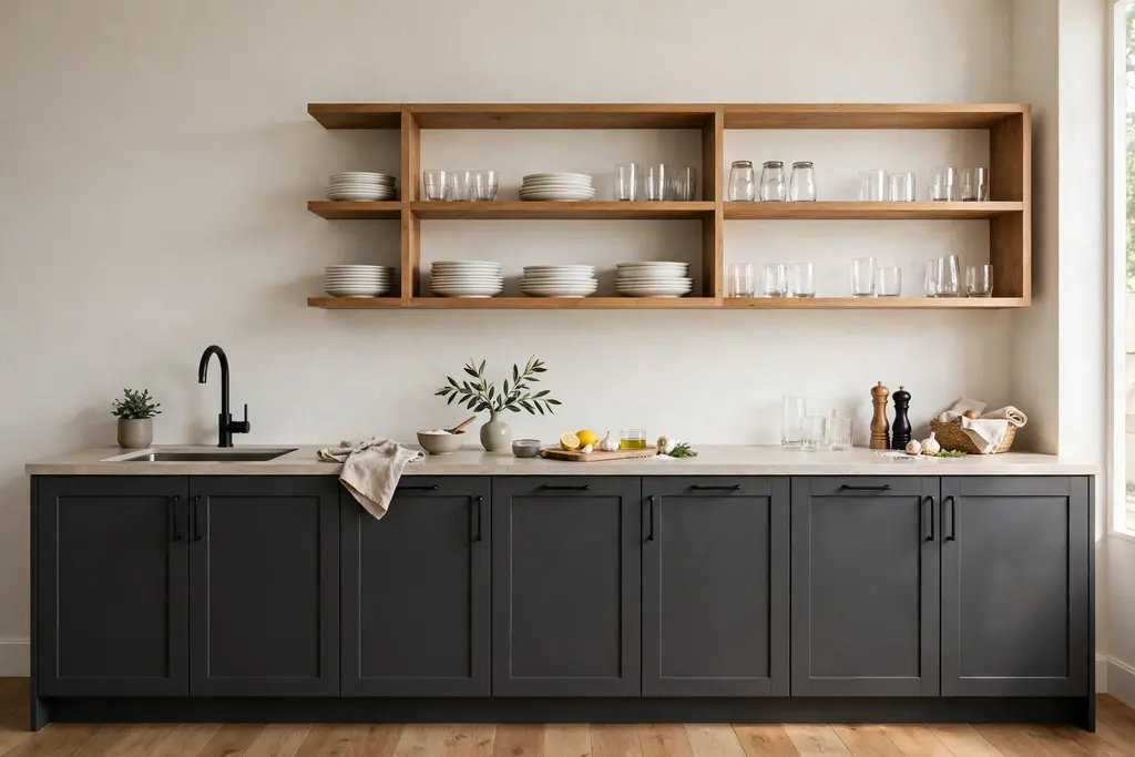 Dark grey base cabinets with open wooden shelves above the counter holding white plates and glasses.