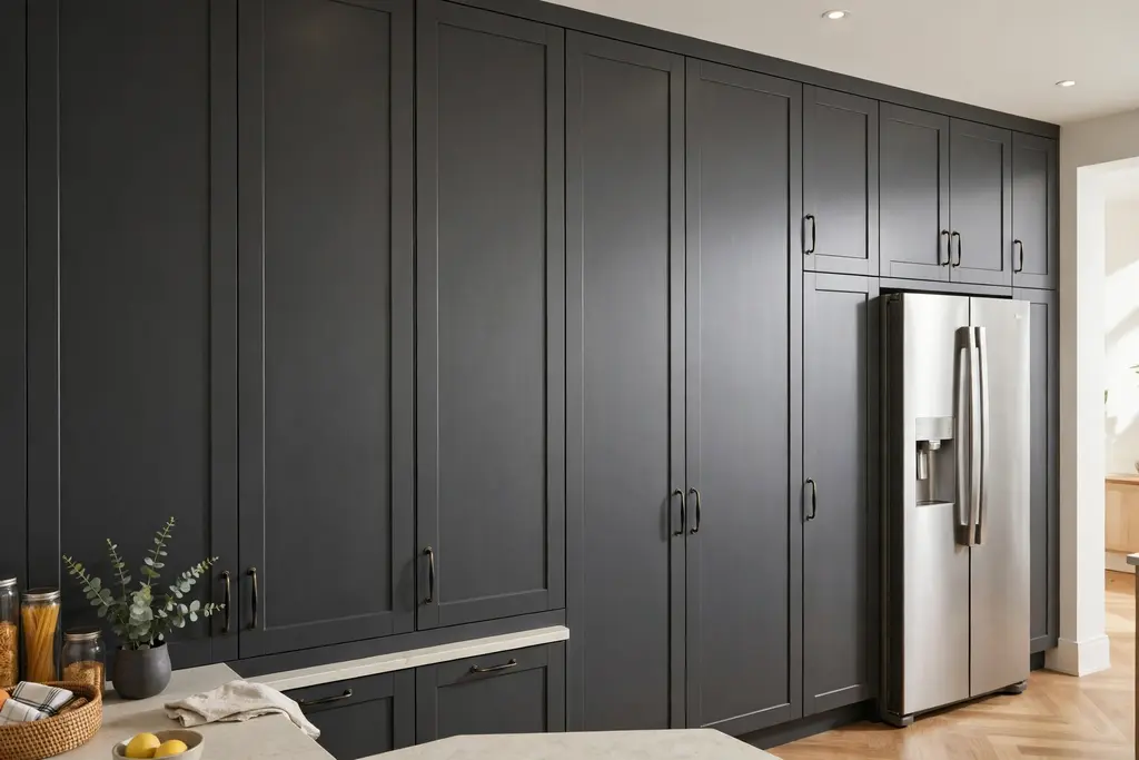 Full dark grey pantry wall with tall floor-to-ceiling cabinets beside a fridge.