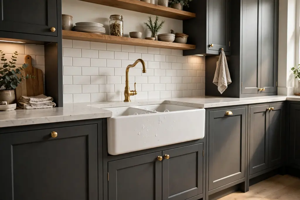 White farmhouse sink set into dark grey kitchen cabinets with a brass faucet.