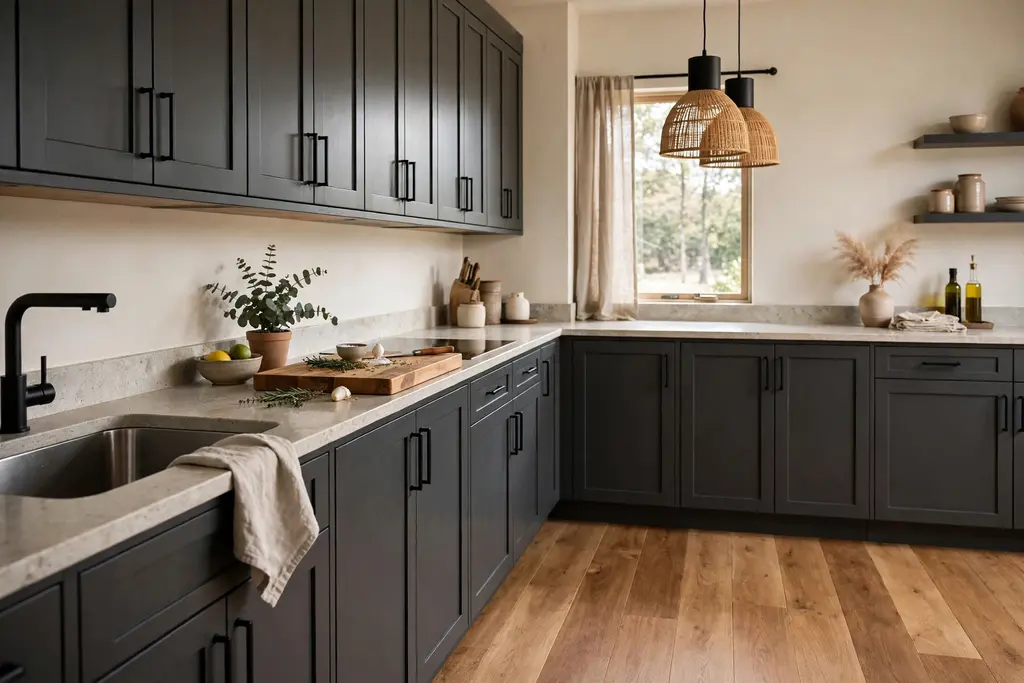 Dark grey kitchen cabinets with warm wood flooring and a wood chopping board on the counter.