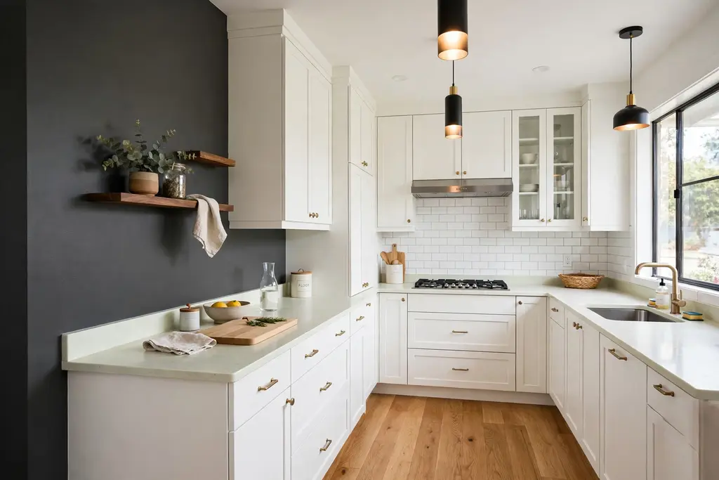 Kitchen with one dark grey painted wall, white cabinets and pale counters.