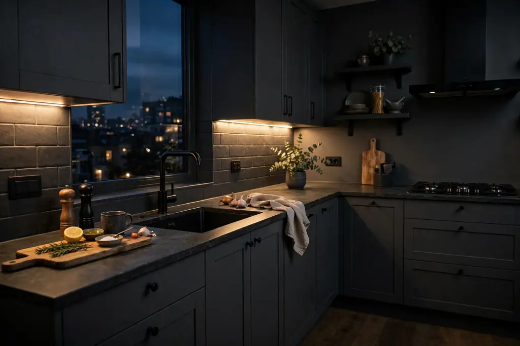 Dark grey kitchen in the evening with warm under-cabinet lighting glowing over the counter.