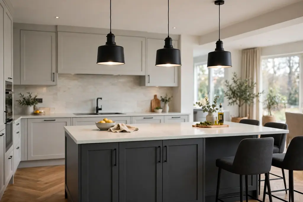 Dark grey kitchen island with three pendant lights hanging above a pale quartz counter.