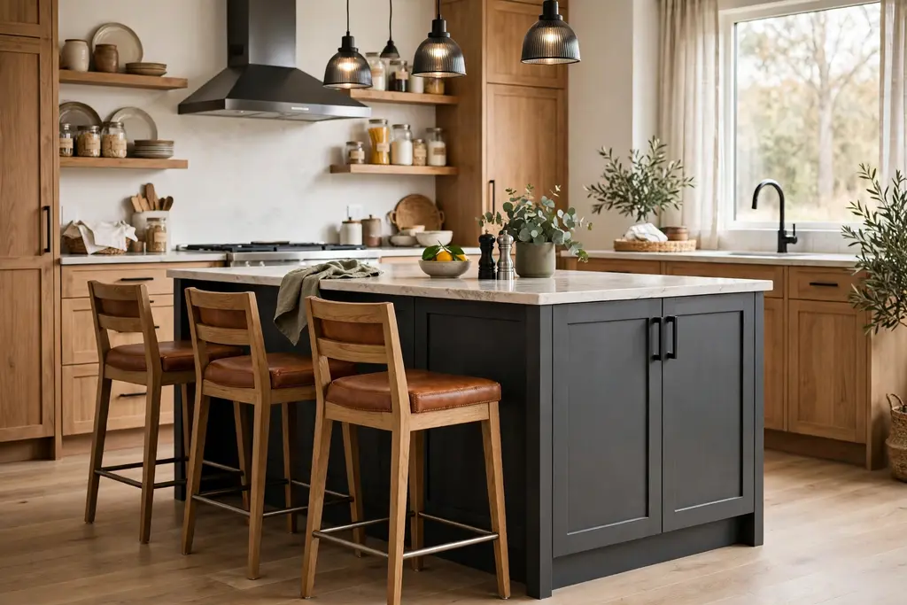 Dark grey kitchen island with wood and leather stools with footrests.