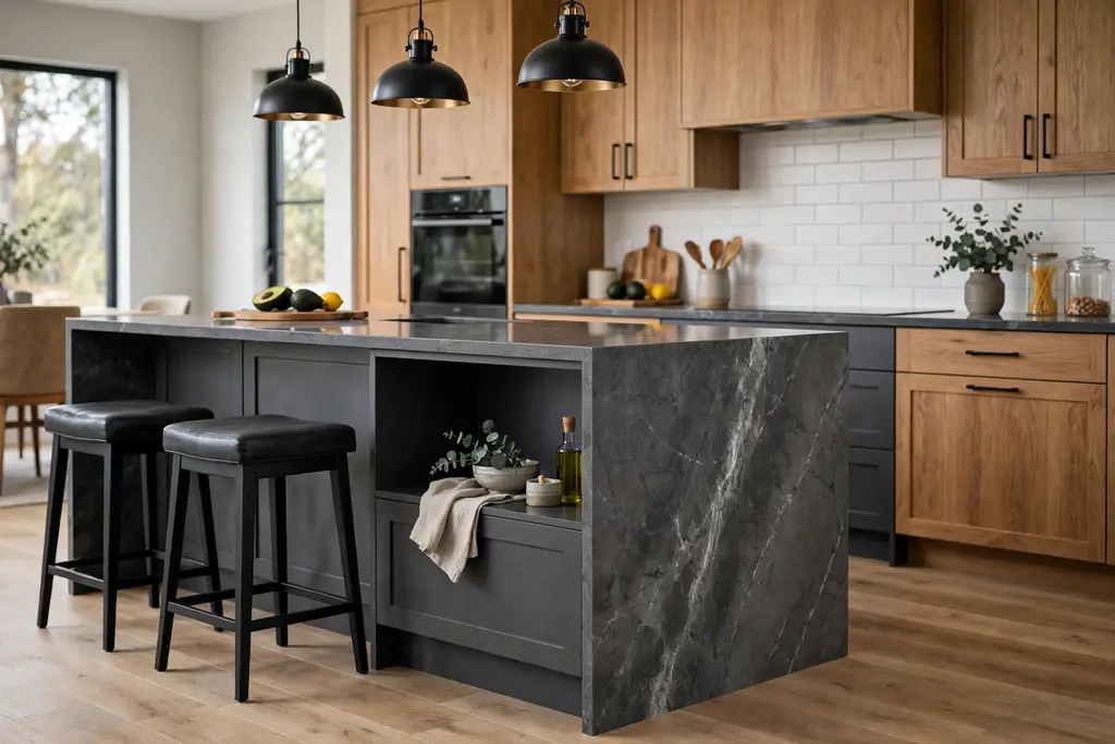 Dark grey kitchen island with a waterfall quartz edge running down the side to the floor.