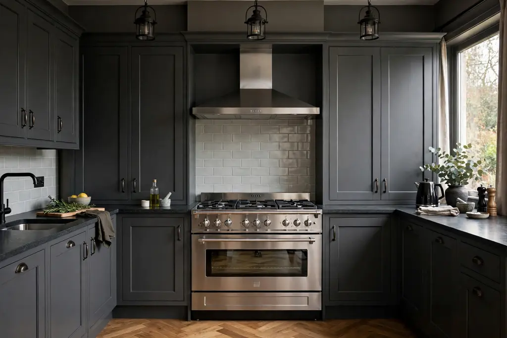Dark grey kitchen with a stainless steel oven and range cooker framed by dark cabinets.