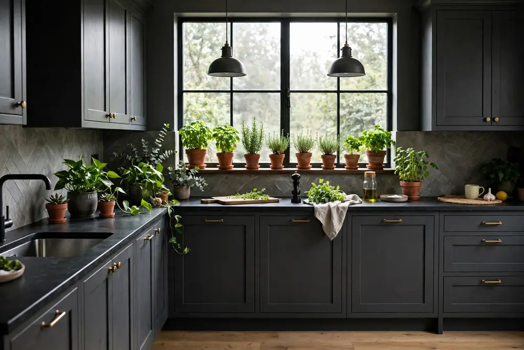 Dark grey kitchen with green potted plants and herb pots on the windowsill and counter.