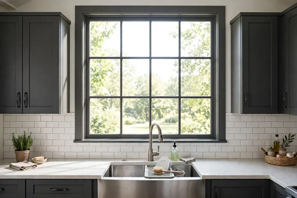 Large bright window over a kitchen sink with dark grey cabinets on either side.