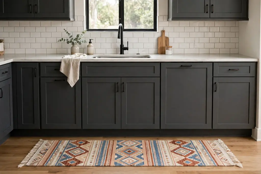 Patterned runner rug in front of dark grey kitchen cabinets and a sink.