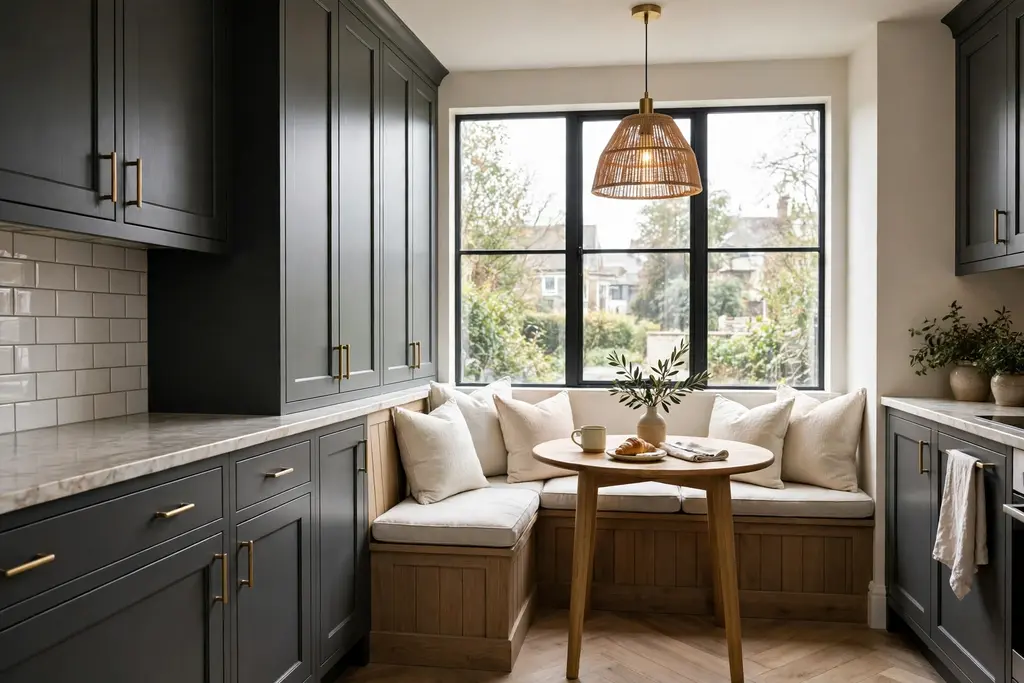 Built-in banquette dining nook beside dark grey kitchen cabinets, with pale bench cushions and a small table by a window.