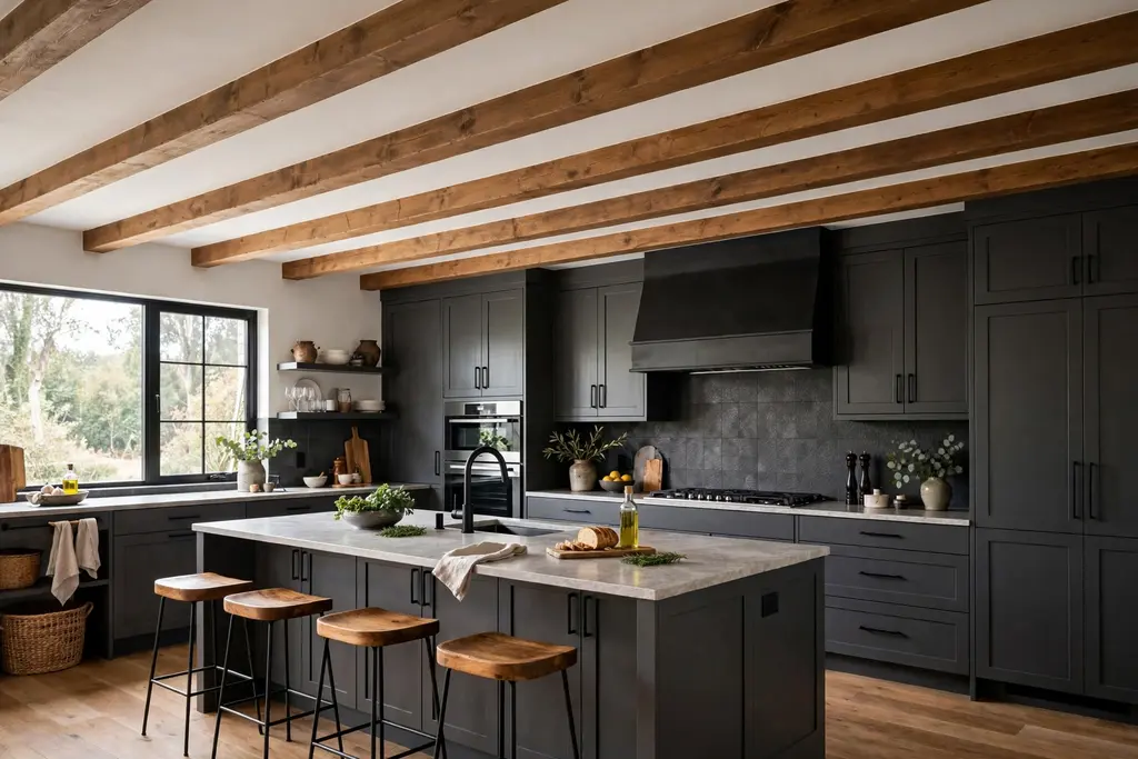 Dark grey kitchen with warm wood ceiling beams and a white ceiling between them.