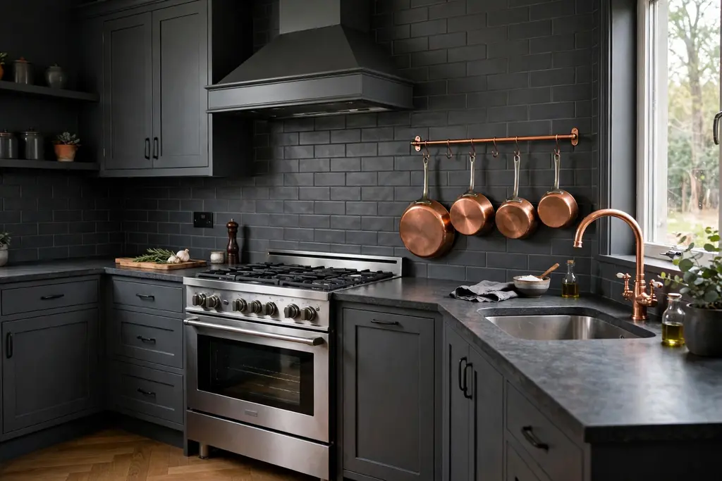 Dark grey kitchen with copper pans hanging on a rail beside the stove and a copper faucet.