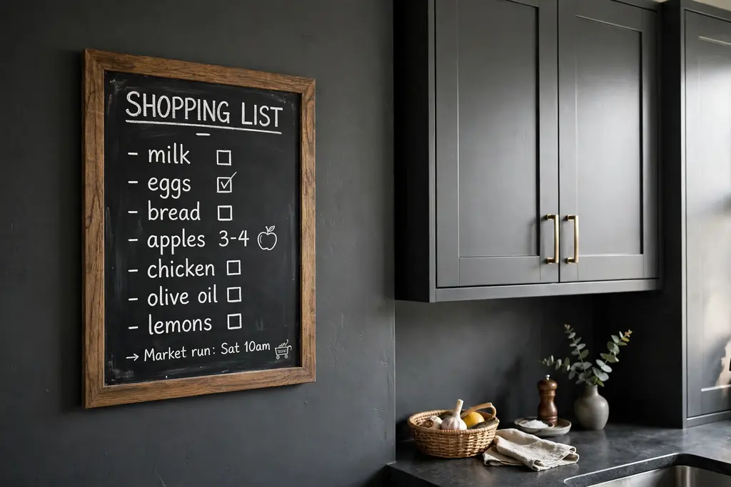 Dark grey kitchen wall with a framed chalkboard memo panel beside dark grey cabinets.