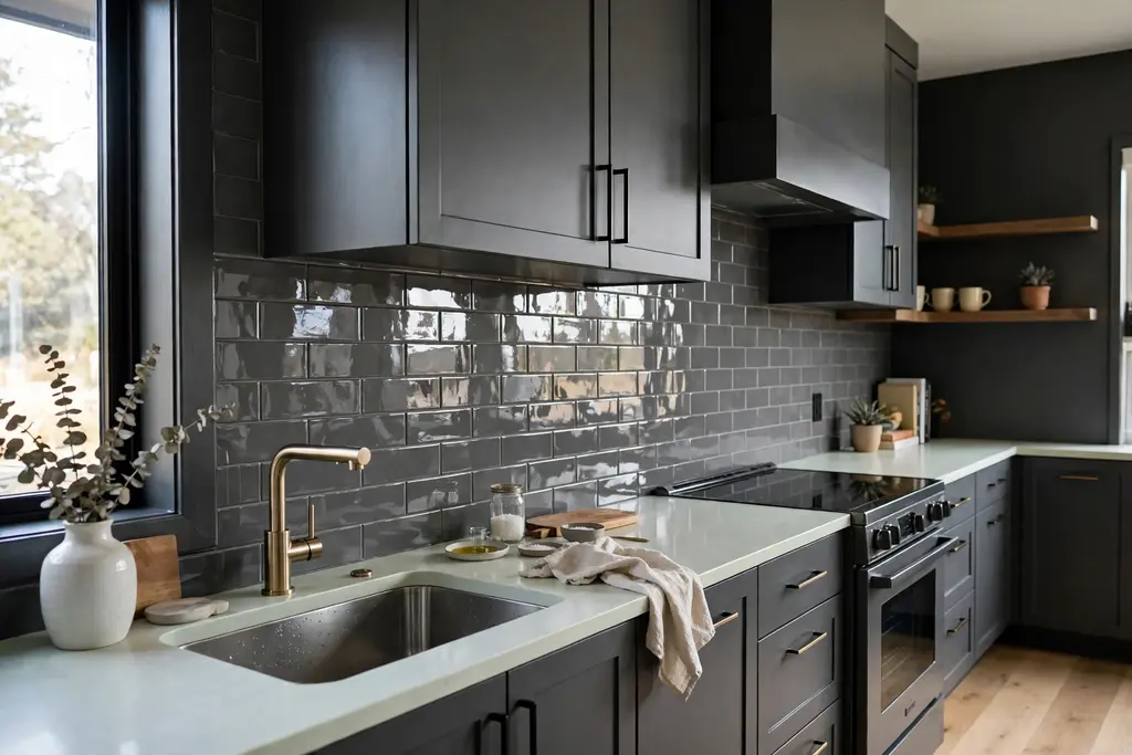 Dark grey kitchen with a glossy grey tile backsplash reflecting light above a pale counter.
