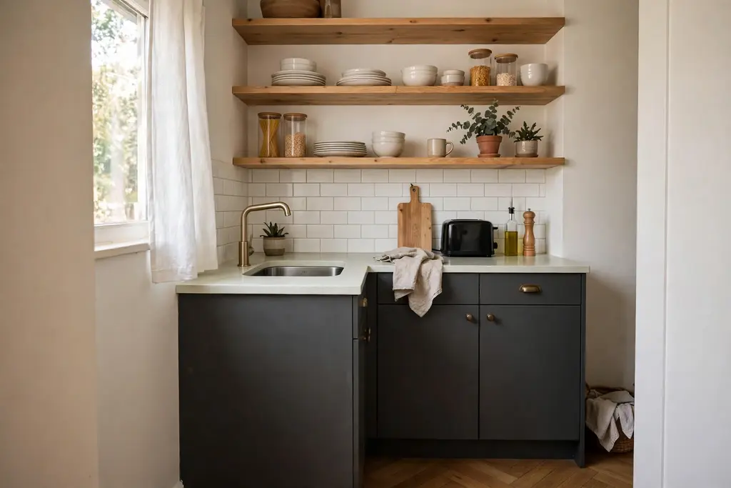Small single-wall galley kitchen with dark grey base cabinets, open light shelves above and a pale counter.
