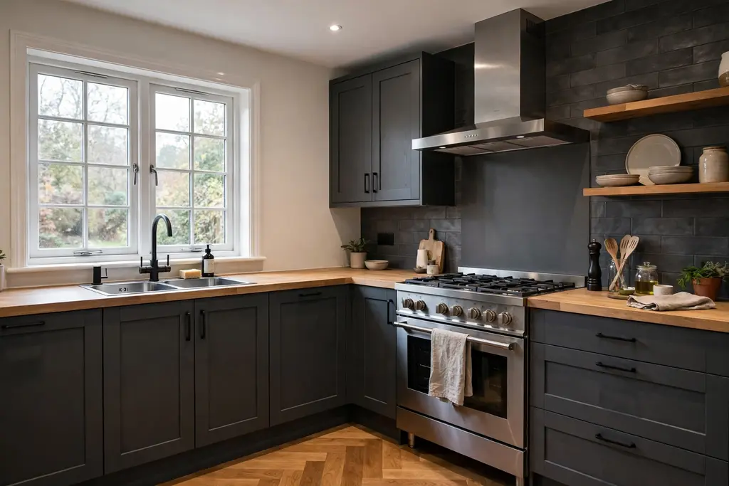 L-shaped dark grey kitchen with a sink under a window on one arm and a stove on the other arm.